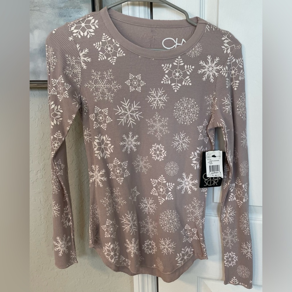 Chaser Women’s Lilac L/S Waffle Print Sparkly Snowflake Thermal-Sz XS-NWT-Quick